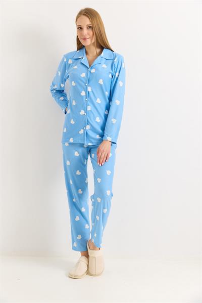 Kadın Mavi Pamuklu Polo Yaka  Beyaz Kalpli Pijama Takımı