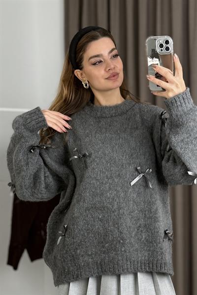 Kadın Kurdele Detaylı Oversize Triko Kazak Antrasit