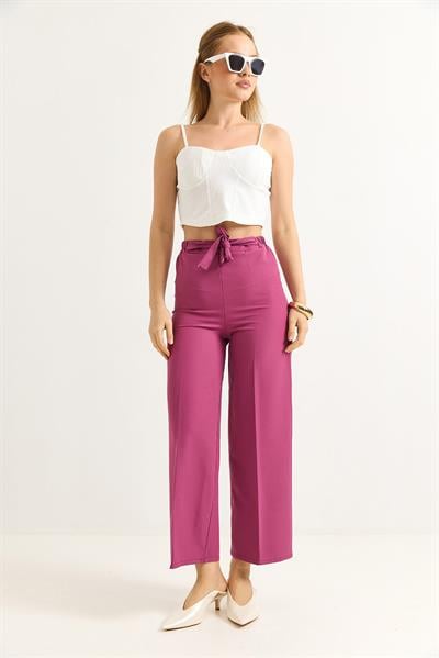 Bel Kuşaklı Bol Paça Krep Pantolon Pembe