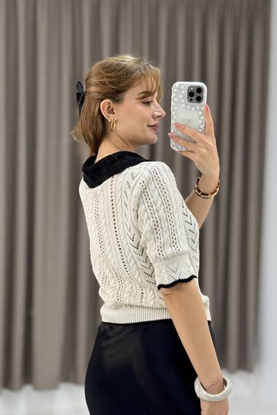 Polo Yaka Ajurlu Triko Bluz Bej