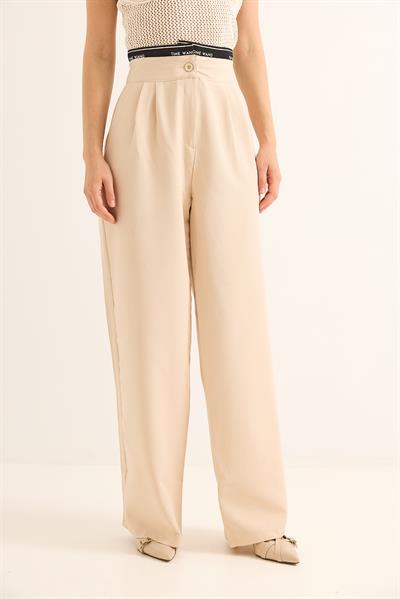 Geniş Paça Kemeri Garnili Palazzo Pantolon Bej