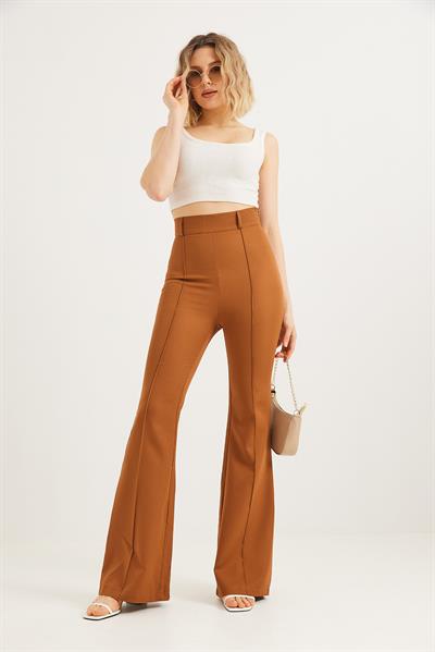 Yüksel Bel Çımalı  İspanyol Paça Pantolon Kahverengi