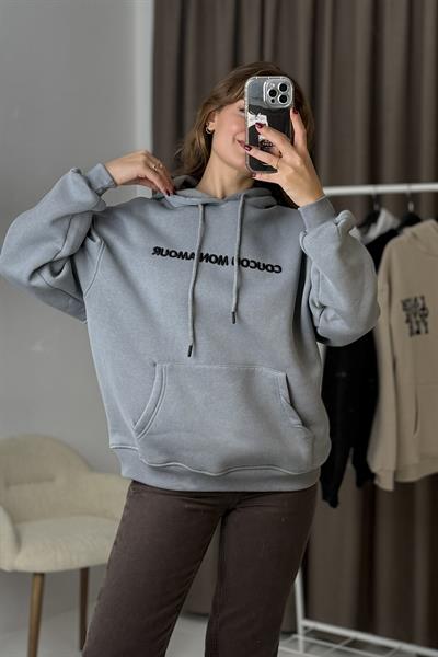 Oversize Kapüşonlu KangurU  Cepli Sweatshirt Füme