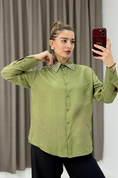 Yaka Taş Detaylı Dokuma Ayrobin Gömlek Haki