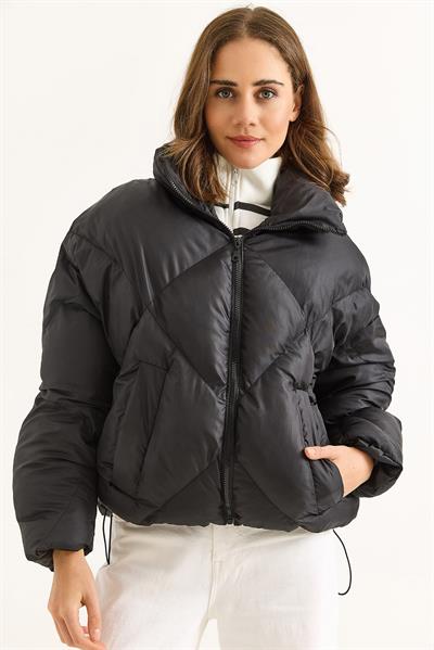 Kadın Oversize Alttan Lastikli Siyah Şİşme Mont