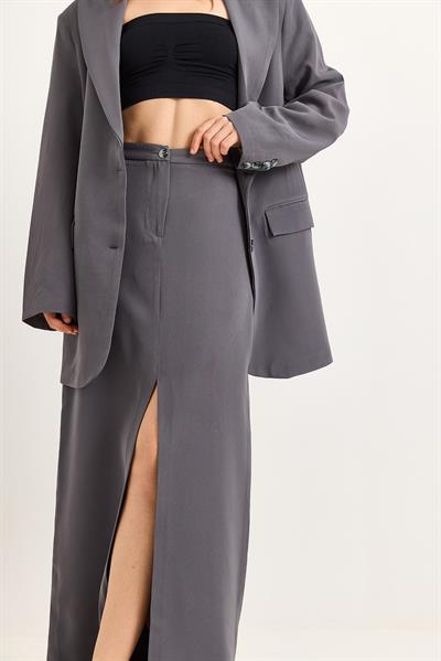 Yırtmaçlı Etek Oversize Ceket İkili Takım Füme