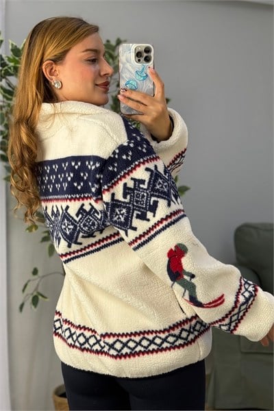 Kadın Desenli Dik Yaka Yarım Fermuarlı Polar Swearshirt Lacivert