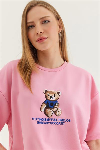 Bisiklet Yaka Oversize T-Shirt Pembe
