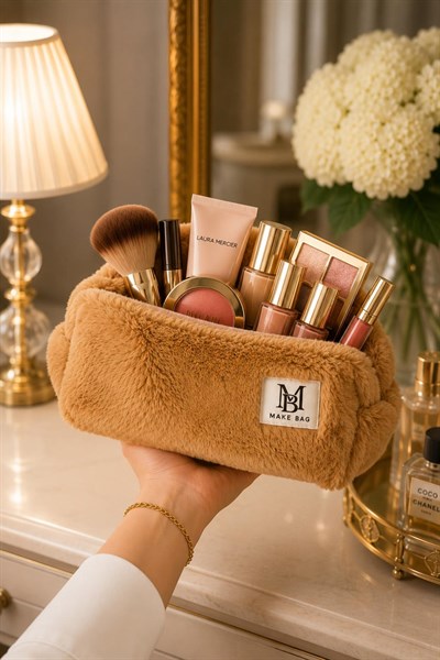 Kadın Peluş Tüylü Charmlı 23X13 Ölçülü Makyaj Çantası Camel