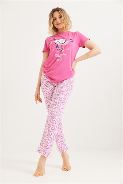 Baskılı Kısa Kol Pijama Takım Pembe