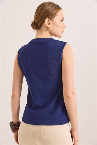 Bisiklet Yaka Gold Düğmeli Ottoman Fitilli Bluz Saks