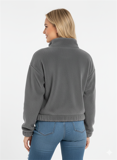 Kadın Yarım Fermuarlı Altı Büzgülü Füme Sweatshirt