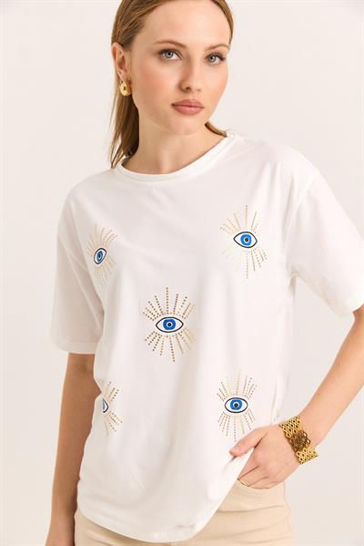 Göz İşlemeli Yumuşak Dokulu Tşhirt Beyaz