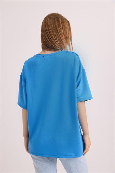 Oversize Yumuşak Dokulu Salaş T-Shirt Mavi