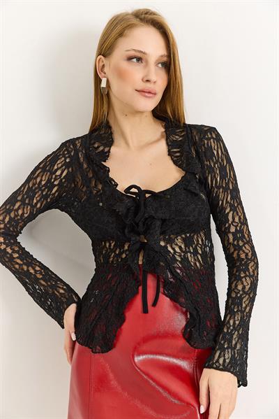 Kadın Uzun Kollu Ön Bağlamalı Dantel Siyah Bluz