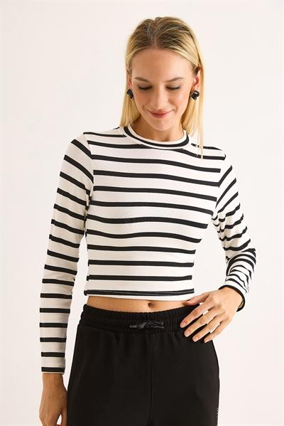 Kadın Çizgi Desenli Crop Bluz Siyah