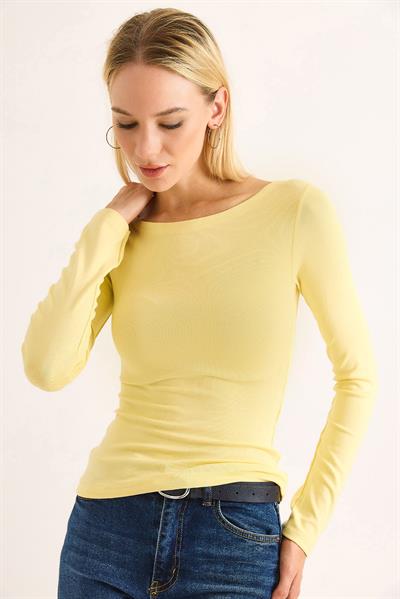 Geniş Yaka Rahat Uzun Kollu Bluz Sarı
