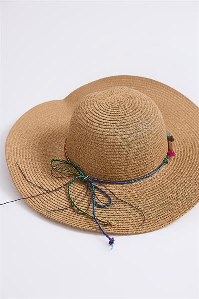 Etnik Boncuk Detaylı Kadın Hasır Şapka Vizon