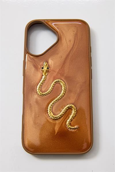 İphone 16 Yılan 3D Figür Kabartmalı Kılıf Taba