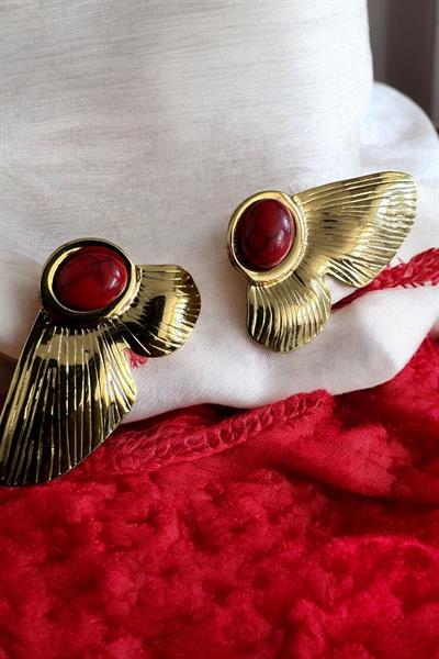 Kırmızı Taşlı Yarım Yaprak Gold Küpe