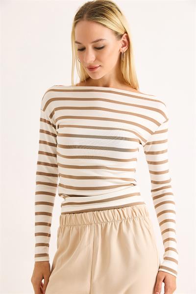 Kadın Çizgi Desen Geniş Yaka Uzun Kollu Bluz Sütlü Kahve