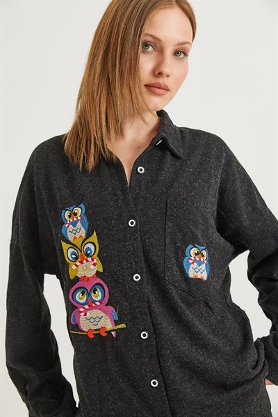 Baykuş Nakışlı Oversize Yün Gömlek Antrasit
