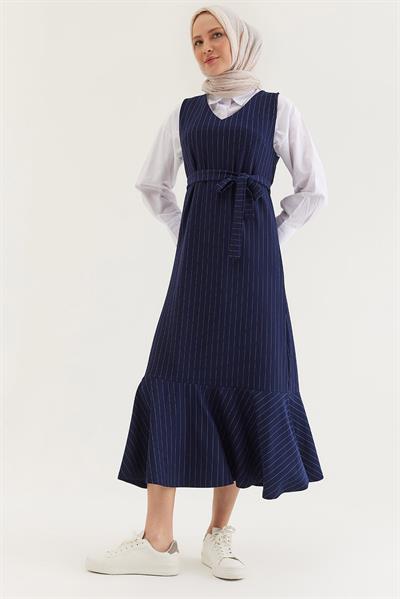 Çizgili Sıfır Kol Beli Kuşaklı Elbise Lacivert