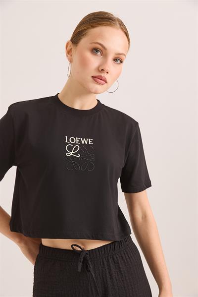 Nakışlı Örme Pamuk Crop Tshirt Siyah