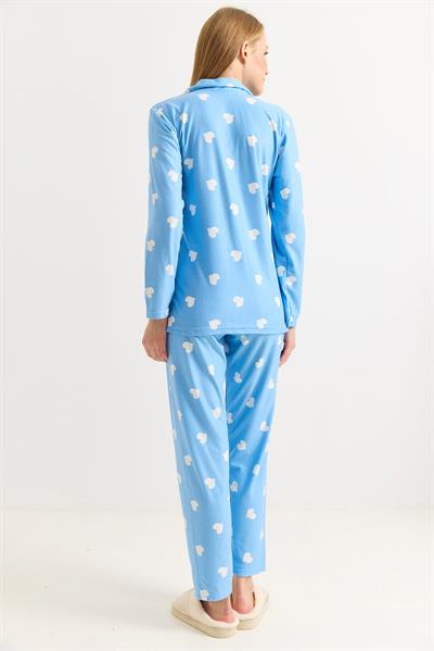 Kadın Mavi Pamuklu Polo Yaka  Beyaz Kalpli Pijama Takımı