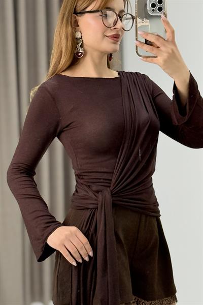 Kadın Kendinden Pelerinli Uzun Kollu Bluz Kahverengi