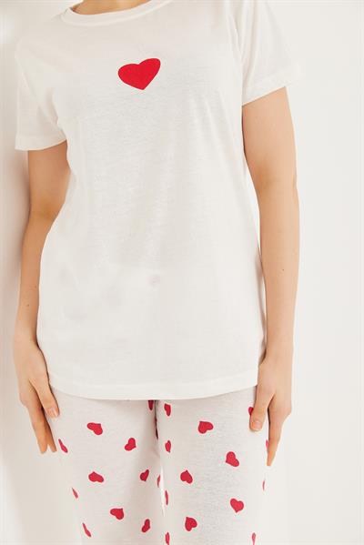 Baskılı Kısa Kol Pijama Takım Beyaz