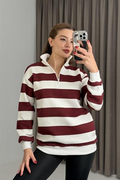 Kadın Balıkçı Yaka Çizgili Üç İplik İçi Şardonlu Kışlık Sweatshırt Bordo