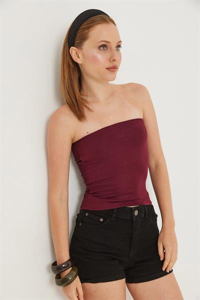 Esnek  Straplez Bluz Bordo