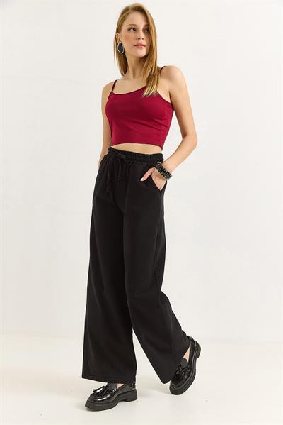 Kadın Pantalon Geniş Paça Bağcıklı  Pantalon Siyah