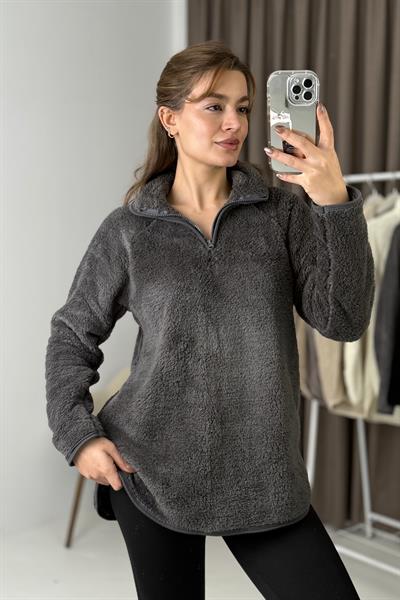 Kadın Yarım Fermuarlı  Welsoft Peluş Antrasit Sweatshirt 