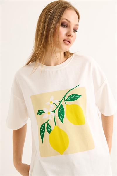 Limon Baskılı Rahat Kalıp Tshirt Beyaz