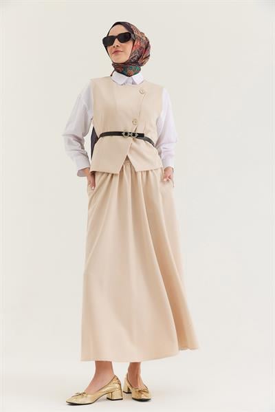 Kemer Detaylı Etekli İkili Takım Krem