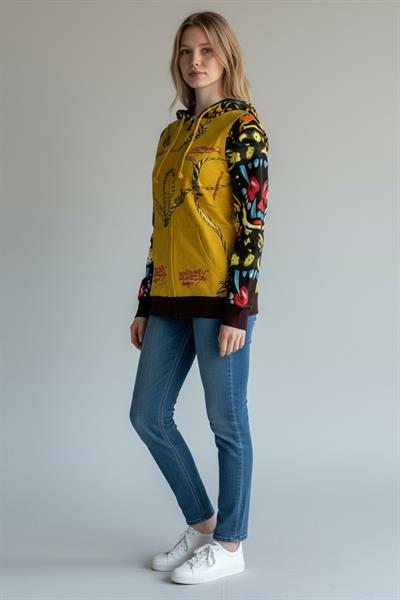 Kadın Fermuarlı Kapüşonlu Sarı Vintage Sweatshirt