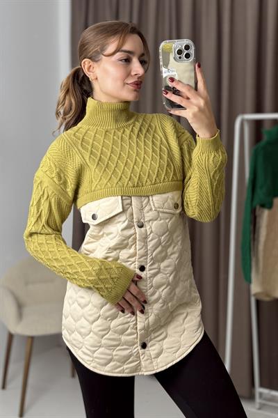 Kapitoneli Baklava Örgülü Triko Kazak Hardal