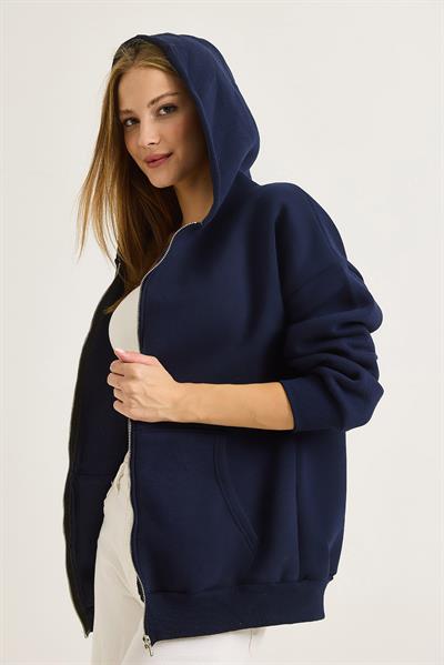 Kadın Oversize Kapüşonlu Fermuarlı Hırka Lacivert