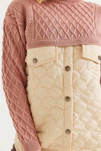 Kapitoneli Baklava Örgülü Triko Kazak Pudra