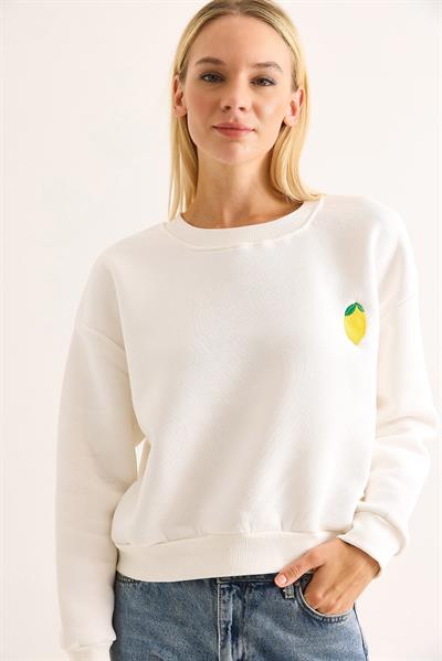 Limon Nakışlı Üç İplik Swetshirt Beyaz