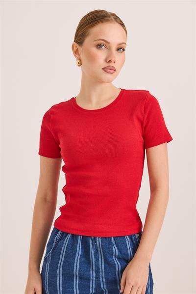 Bisiklet Yaka Örme Kaşkorse Bluz Kırmızı