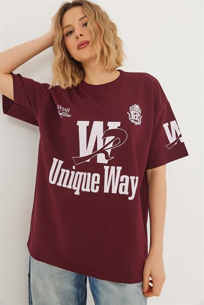 Bisiklet Yaka Baskılı Tshirt Bordo