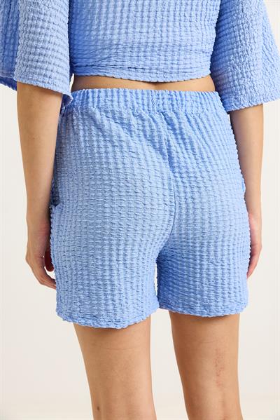 Gofre Kumaş Bel Lastikli Kadın Şort Mavi