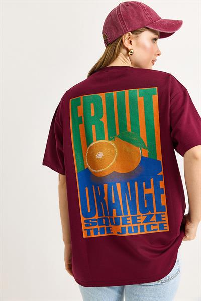 Oversize Ön ve Arka Baskılı Tshirt Bordo