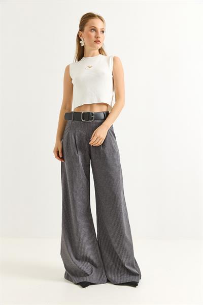 Keten Karışımlı Palazzo Pantolon Füme