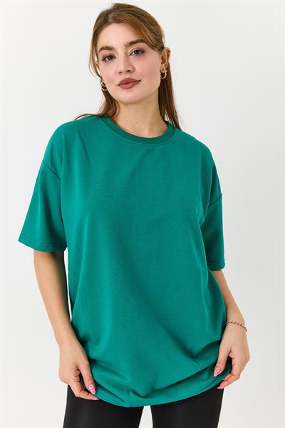 Kadın Bisiklet Yaka Baskısız Düz Bisiklet Yaka Tshirt Koyu Yeşil