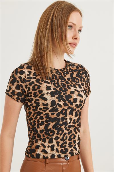 Bisiklet Yaka Esnek Crop Bluz Leopar