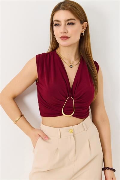 Kalın Askılı Sundy Kumaş Gold Toka Detaylı Bluz Bordo